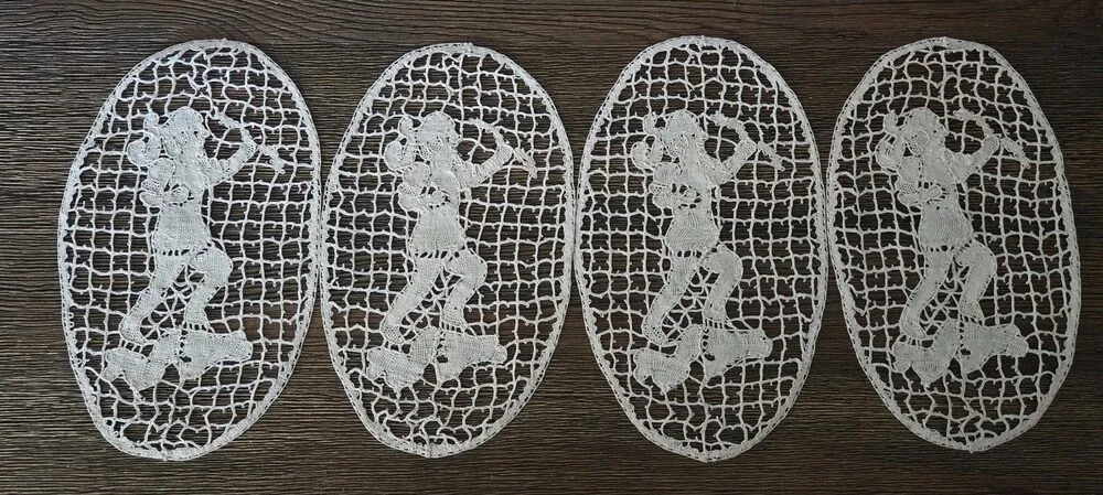 4 Antique Figural Needle Lace Doilys Inserts Applique Table Decoration Oval